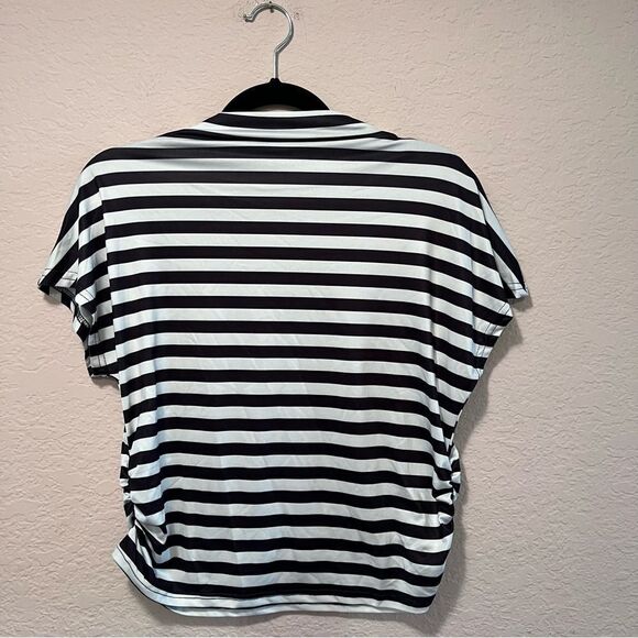 NWOT. Striped Print Mock Neck T-Shirt, Casual Cap Sleeve Top. - Picture 3 of 5